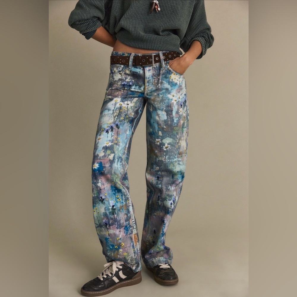 Free People We The Free Tennessee Low-Rise Illusions Jeans Floral Canvas SZ 27